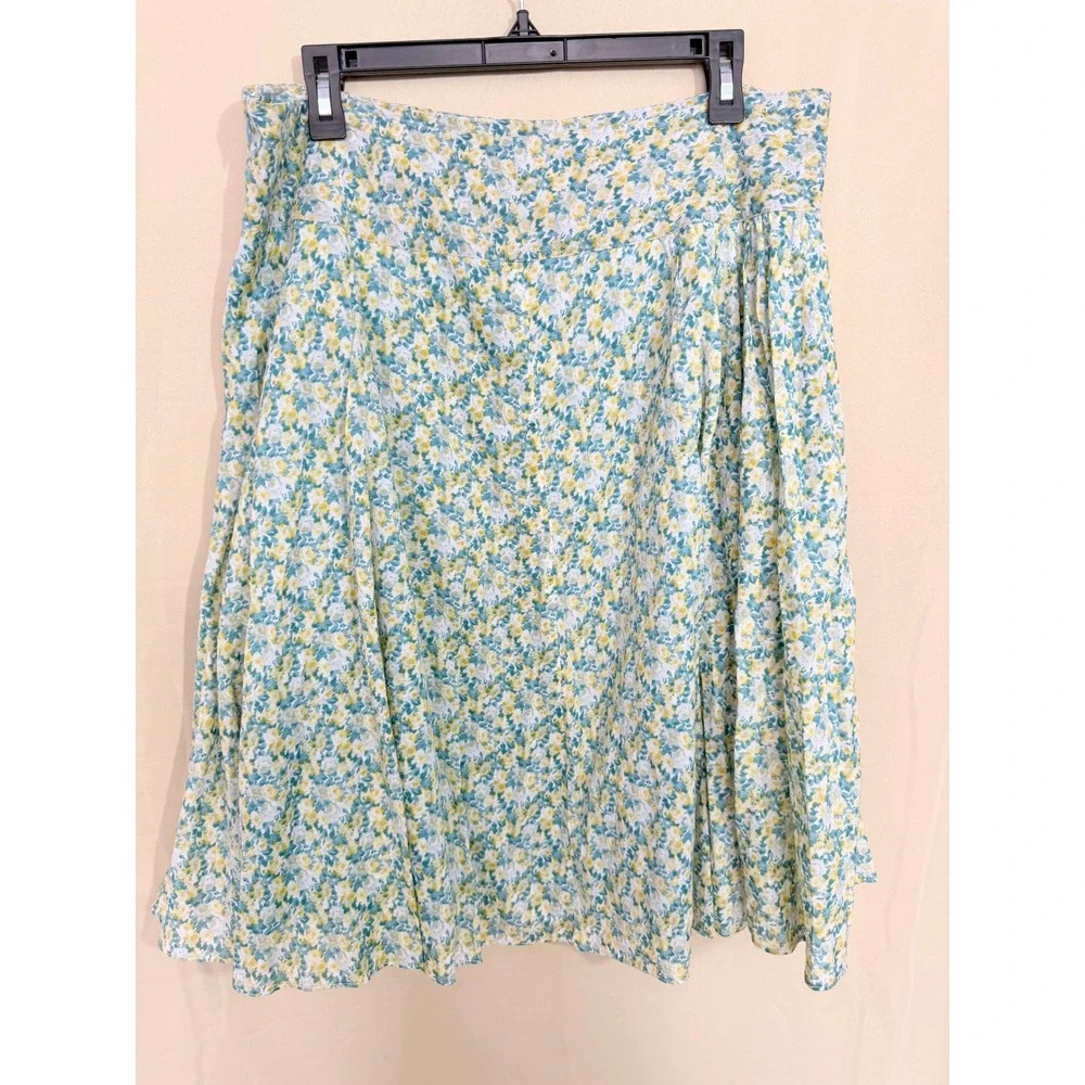 Talbots Skirt Womens 14 Yellow‎ Green Floral A-Line Cotton Knee Length Casual